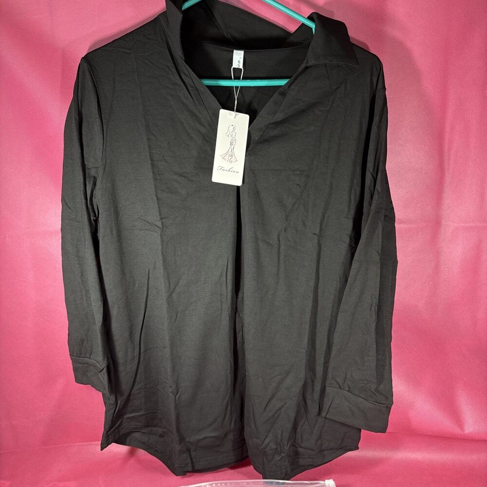 Pursuing Perfection Womens Collared V Neck 3/4 Sleeve Shirts Tops Black L FF